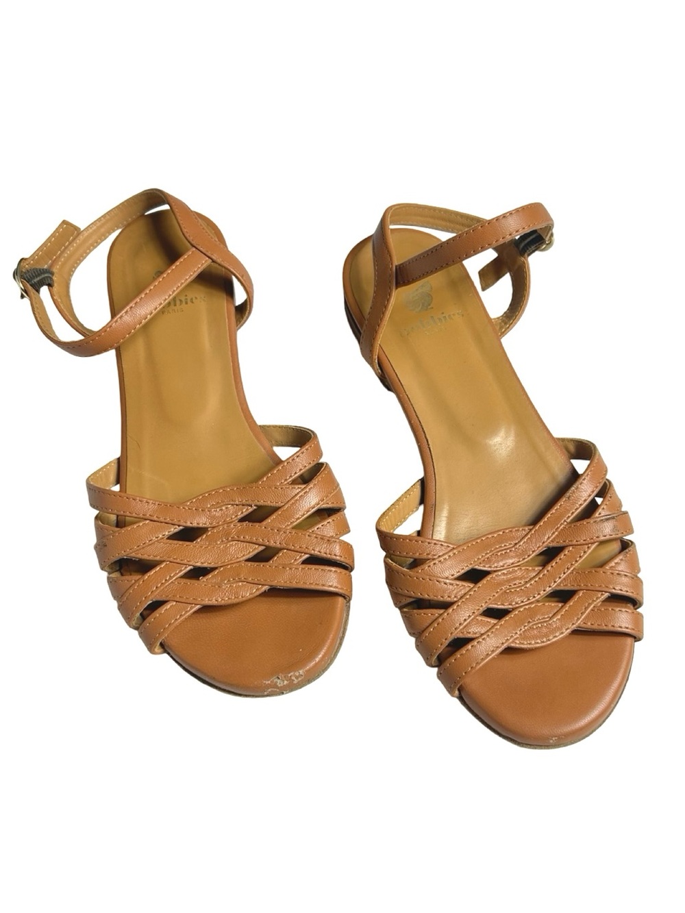 Bobbies Paris Ellis Camel Leather Flat Woven Sandals Size 36 (US 5.5)